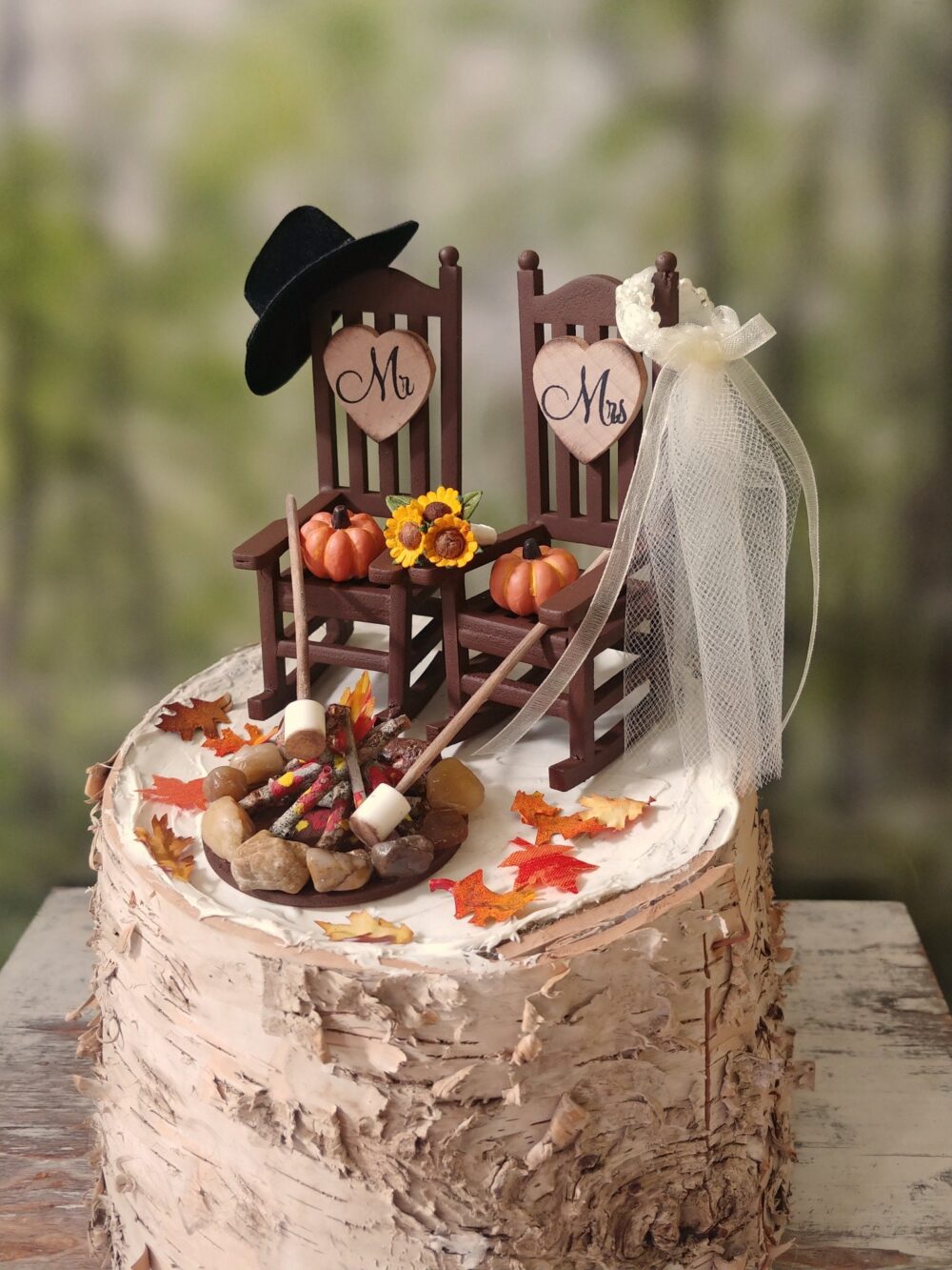 Fall Autumn Themed Wedding Cake Topper Pumpkin Country Bride & Groom Rustic Rocking Chairs Mr&mrs Thanksgiving 6 Inch