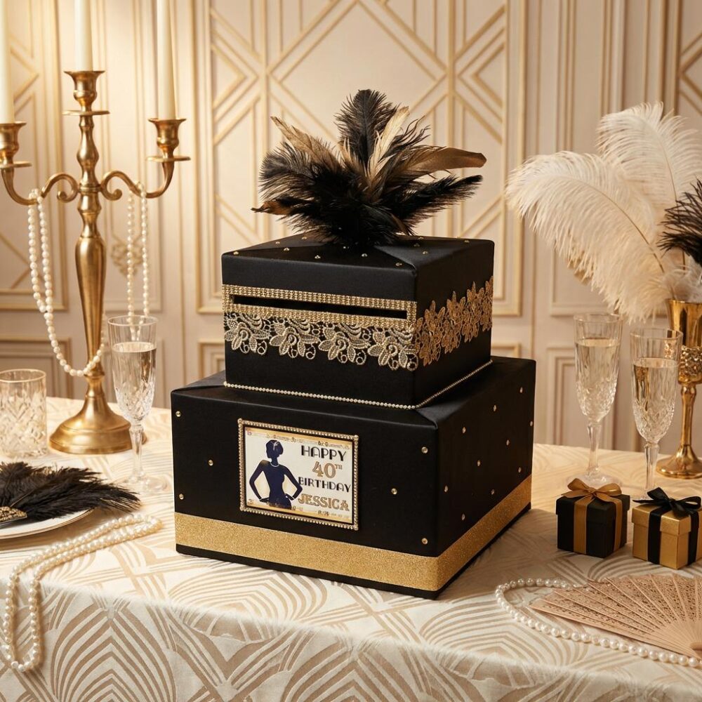 Great Gatsby Card Box, Black & Gold, Roaring 20S Theme