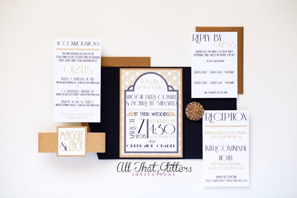 Art Deco Invitations With Glitter, Wedding For Great Gatsby Theme, New Years Eve Invitations, Sweet 16 Invites, Vintage Retro