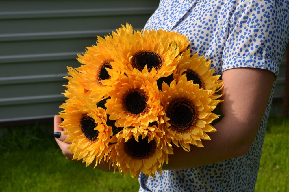 Wedding Sunflower Bouquet, Paper Sunflowers, Rustic Bride Country Decor, Crepe Flowers