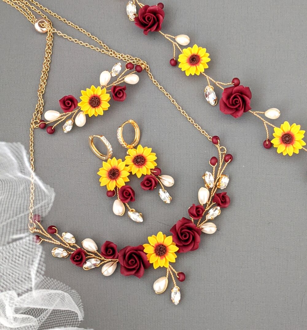 Burgundy Sunflower Wedding Jewelry Set Handmade Bridal Necklace, Earrings, Bracelet & Hairpiece