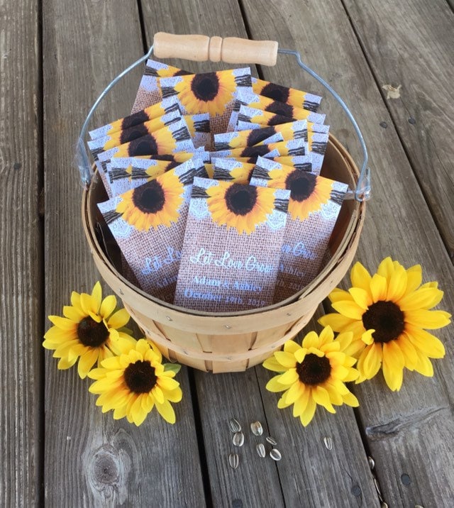 Personalized Sunflower Seed Wedding Favors Burlap & Lace Packets