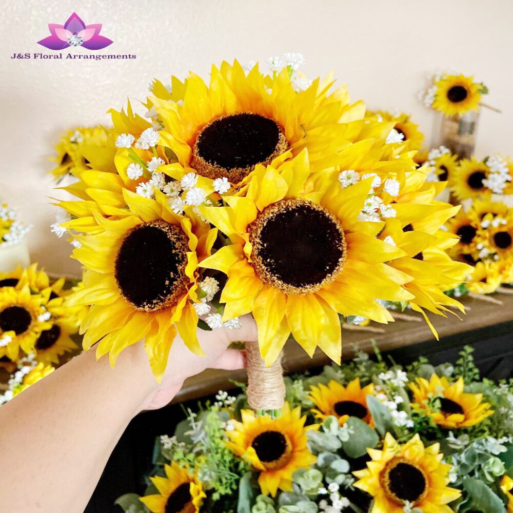 Sunflower Wedding Bouquet Rustic Baby's Breath Bridal Flowers