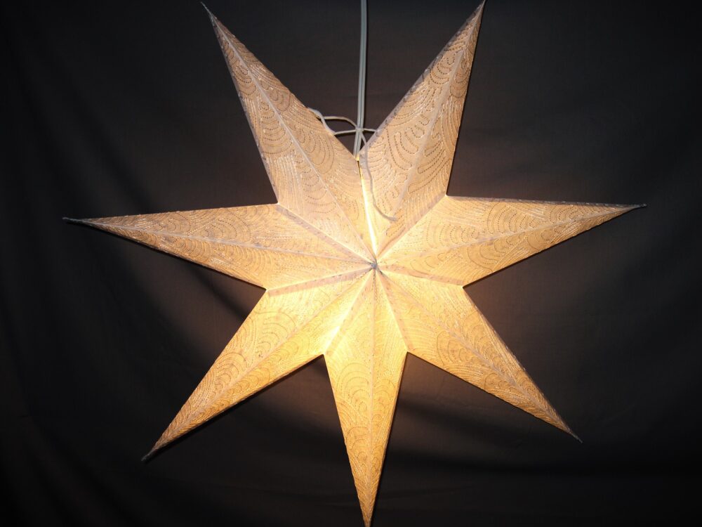 Star Paper Lantern White, 7 Point White Thread, Embroidered, Christmas Star, Folding Lamp, Foldable Lantern, Power Cord Included