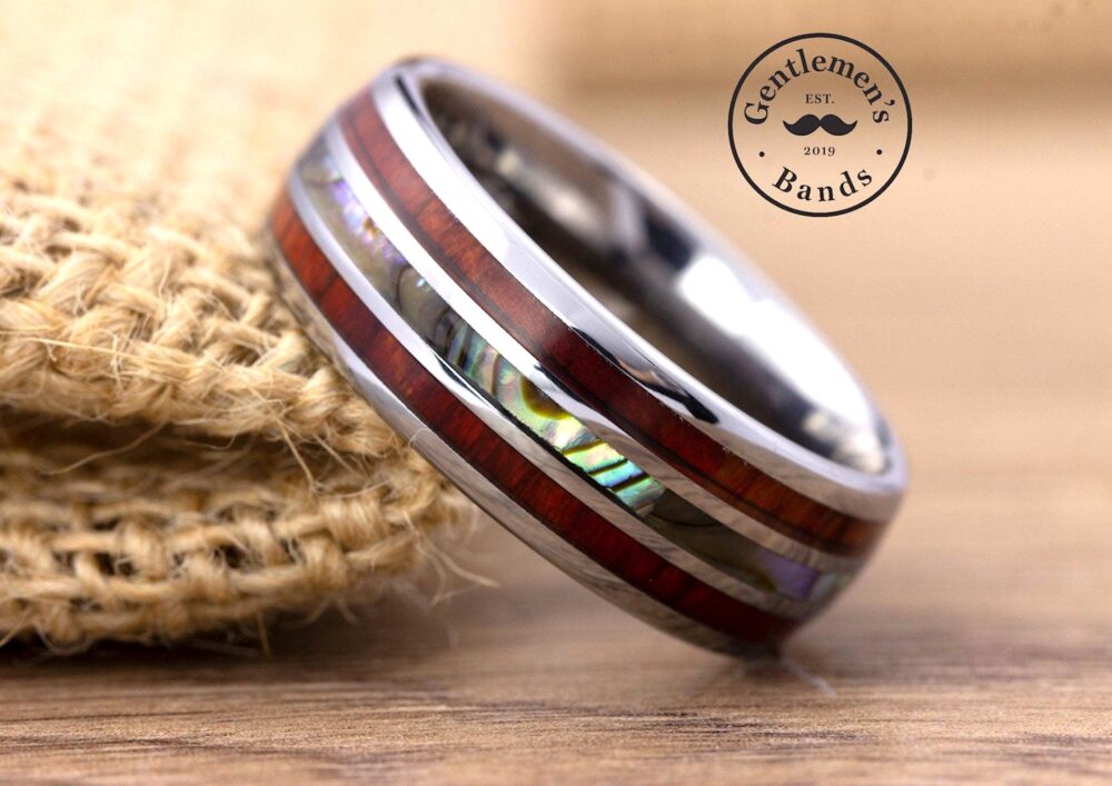 Abalone Ring Mens Wedding Ring, Koa Wood Silver Band, Wooden Unique Anniversary Man Promise