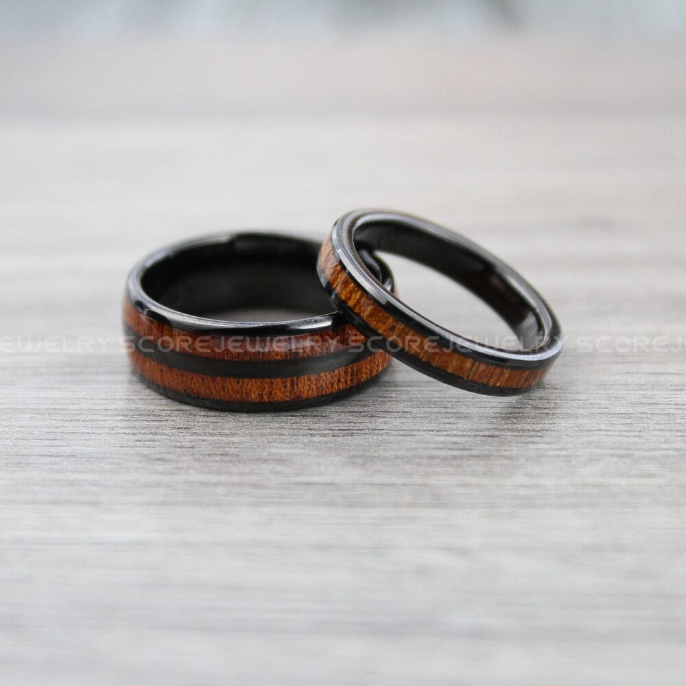Wood Rings, Wedding Couple Jewelry, Black Tungsten Bands With Genuine Redwood Inlay, Rings
