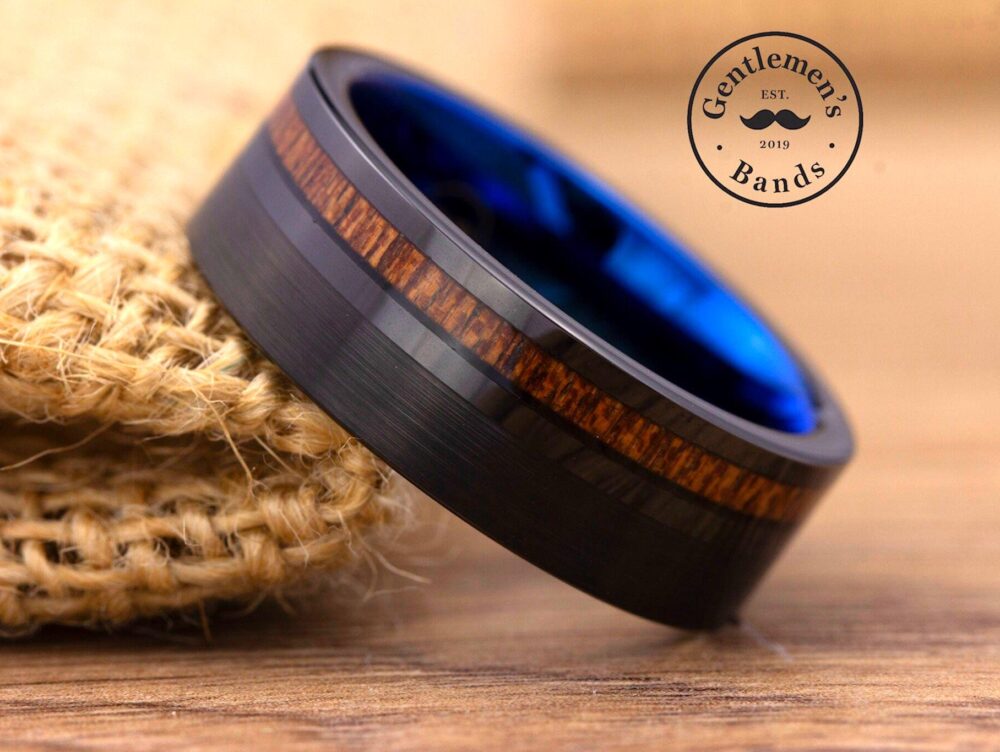 Brushed Black Mens Wedding Band With Koa Wood, Wood Ring, Engagement Guys Promise Anniversary