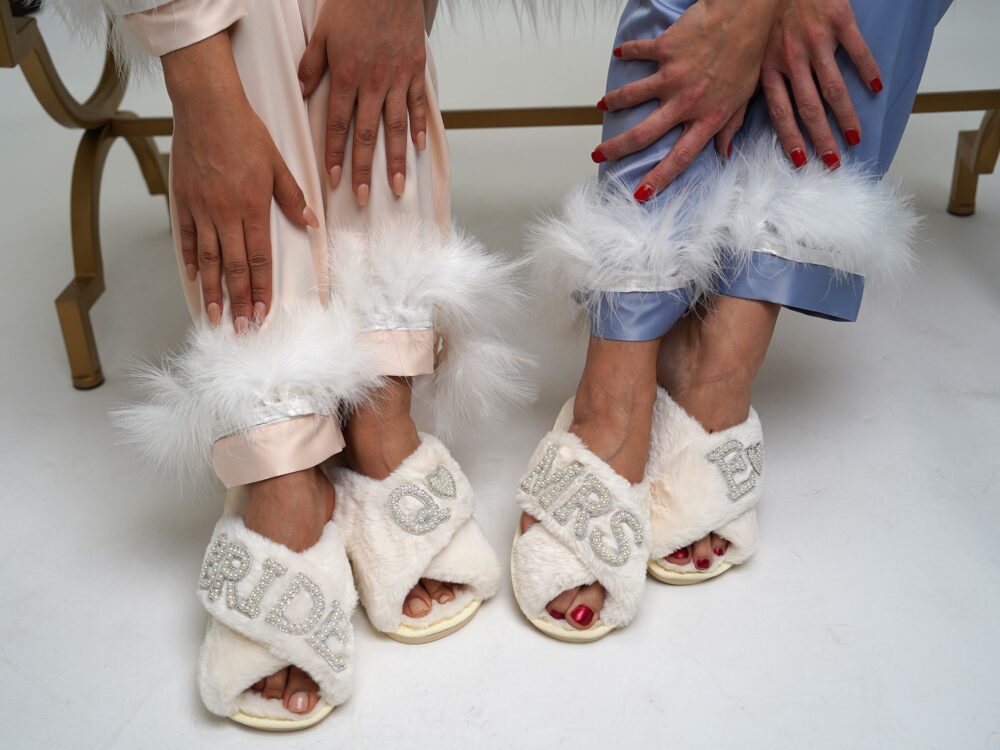 Personalized Fluffy Bridal Slippers, Rhinestone Bride & Bridesmaid Gift