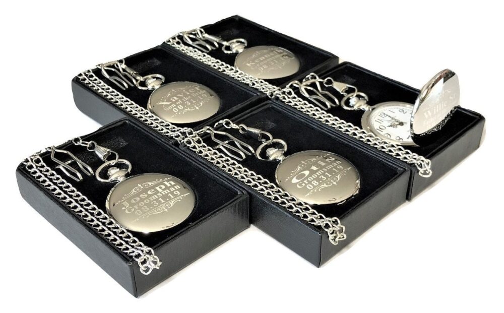 5 Personalized Engraved Silver Pocket Watches, Mens Gift Box, Chain & Engraving Included, Vintage New Style
