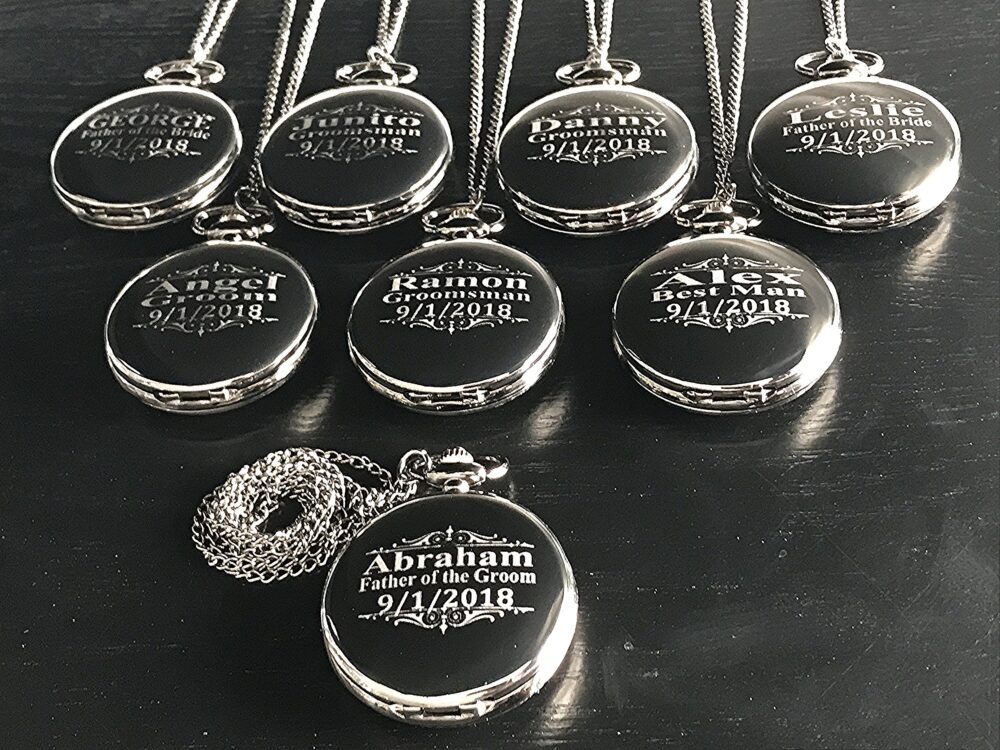 Groomsmen Gift 7 Laser Engraved Pocket Watches - Vintage Personalized Watch in Box Custom Wedding Gifts For Him