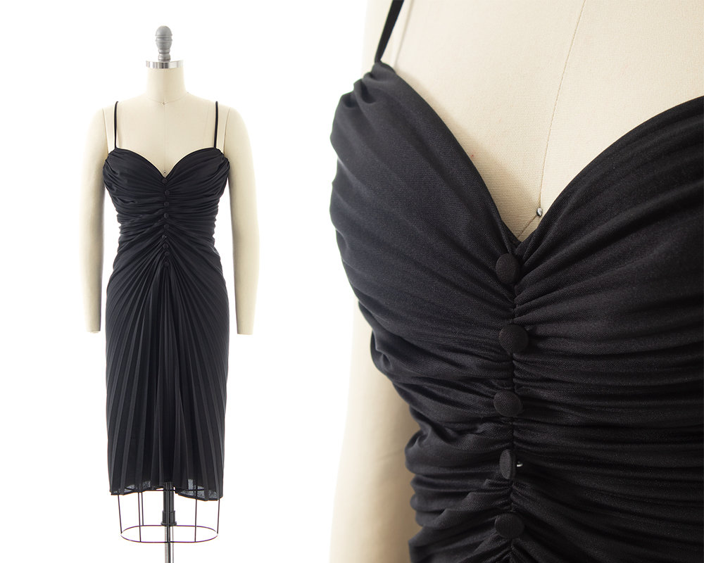 Vintage 1980S Dress | 1950S Travilla Style lbd Black Jersey Accordion Pleated Spaghetti Strap Hourglass Wiggle Bodycon Party | Small