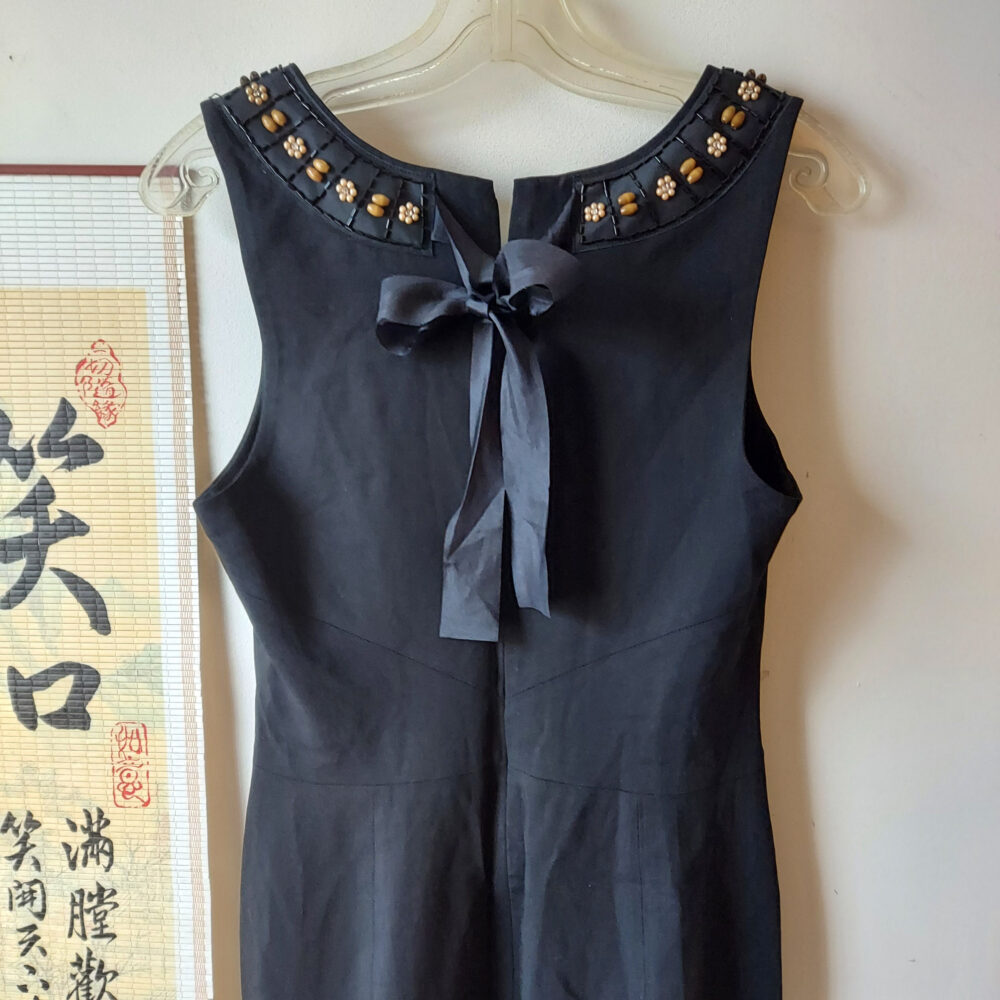 1990S Tracy Reese Black Crepe Sheath Dress Seed Pearls, Tie Back, 6-10