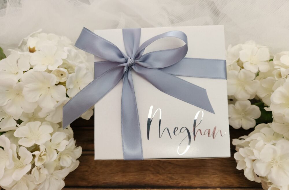 Personalized Bridesmaid Proposal Box - Silver Foil, Ribbon, Empty 8x8x4 Paper Gift