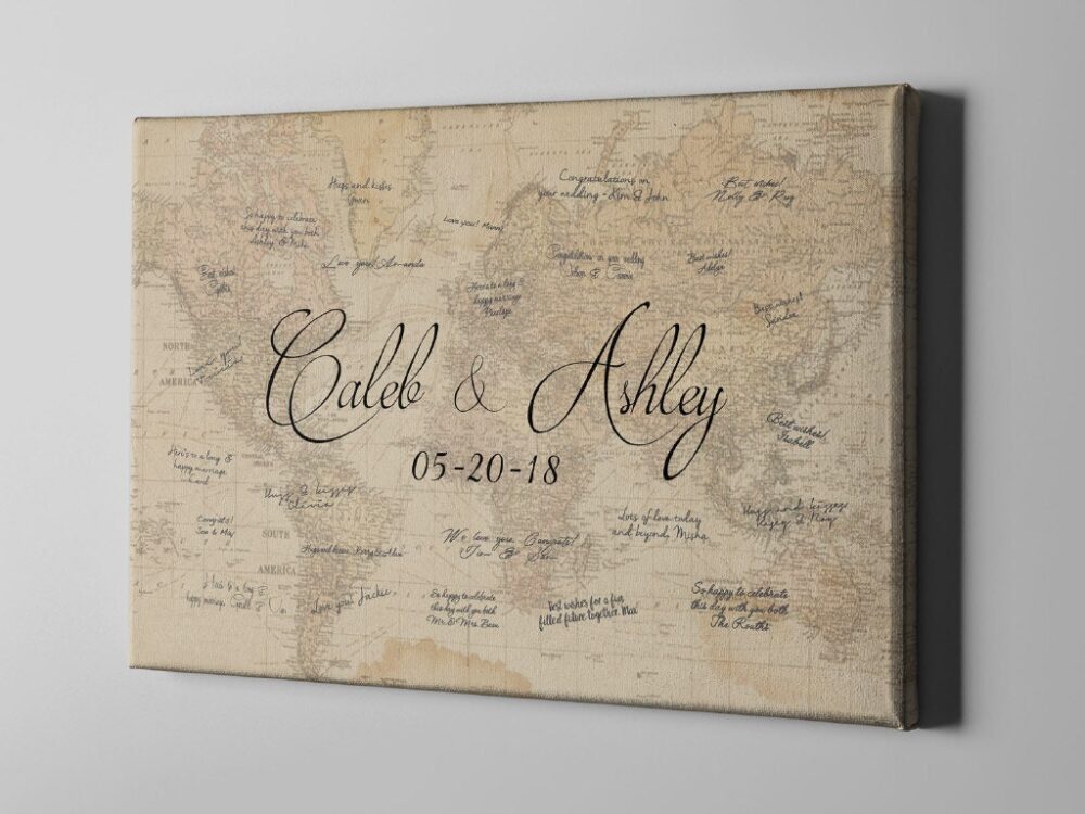 Canvas Guest Book, World Map Signature Guestbook, Destination Wedding Gift Idea For Newlyweds, Under 70 -Cgb67