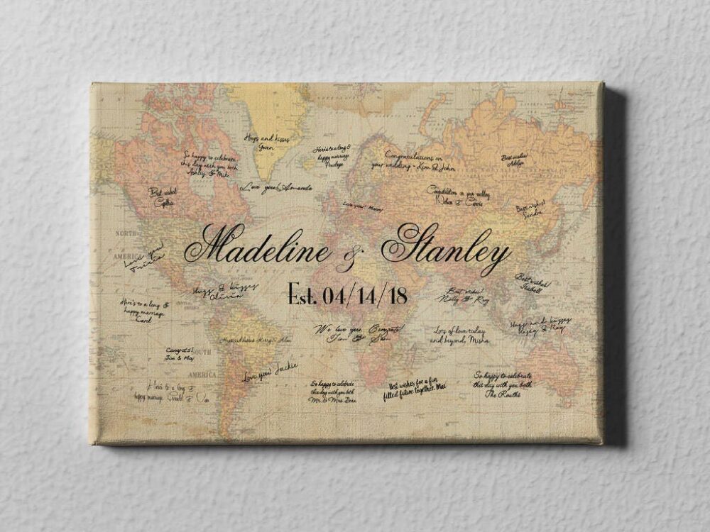 Canvas Guest Book, Vintage World Map Book Alternative, Rustic Destination Wedding, Signature Guestbook, Bridal Shower Gift - Gb23