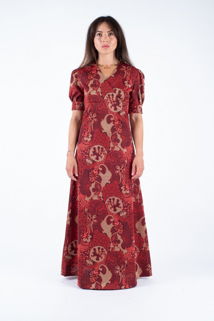 Vintage 70S Burgundy Floral Maxi Dress, Puff Sleeve A-Line, Xs