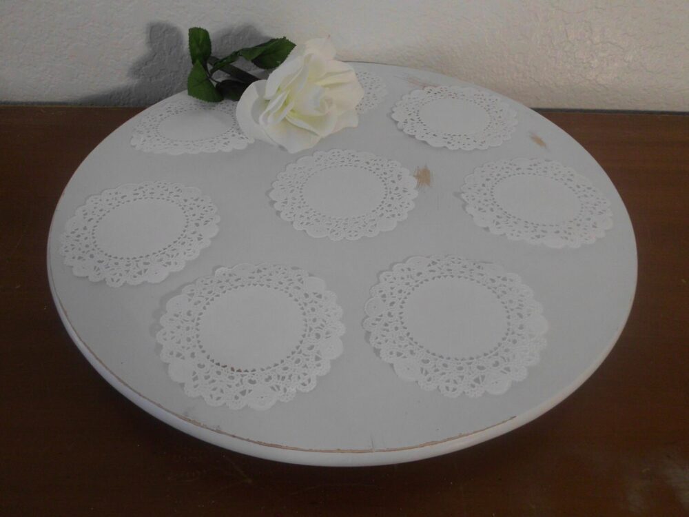 Wedding White Cake Tray Cup Stand Wooden Lazy Susan Upcycled Wood Gift Eco Friendly Bridal Baby Shower Party Cupcake Display