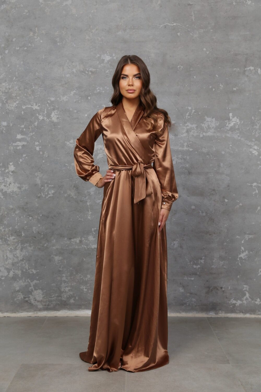 Satin Maxi Dress Long Sleeve Formal A-Line Dress, Elegant Women Party