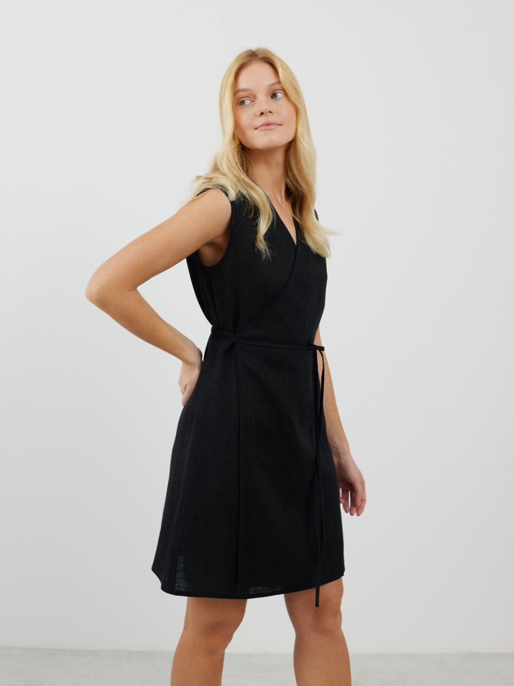 Linen Mini Wrap Dress Brooke/Sleeveless V Neck Elegant Women's Clothing