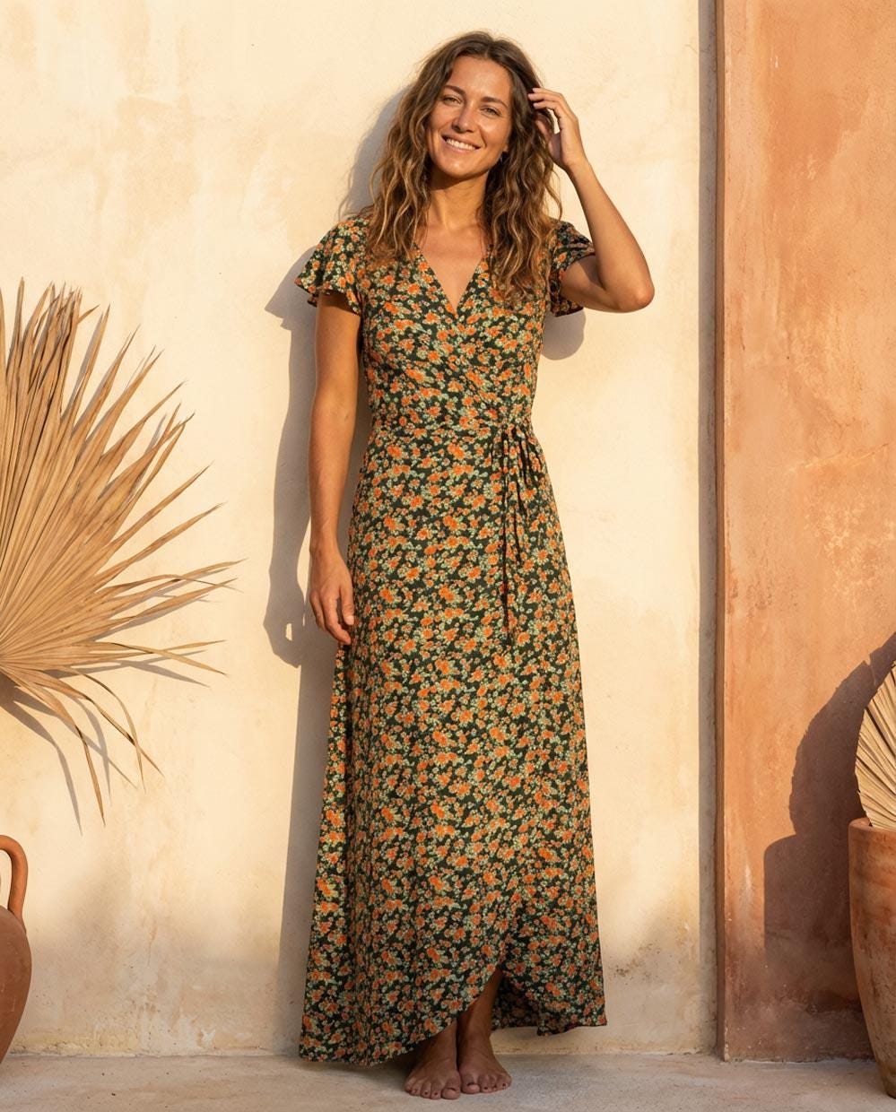 Long Summer Dress Florals. Boho Maxi Flowers Print. Wrap Dress With Long Butterfly Sleeves. Beach Party Biza Style