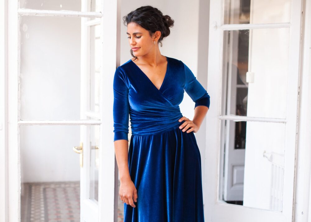 Blue Velvet Wrap Dress Long Sleeve Royal Gown