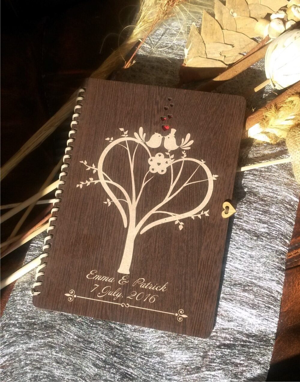 Engraved Cherry Wood Wedding Guest Book, Love Birds, Rustic