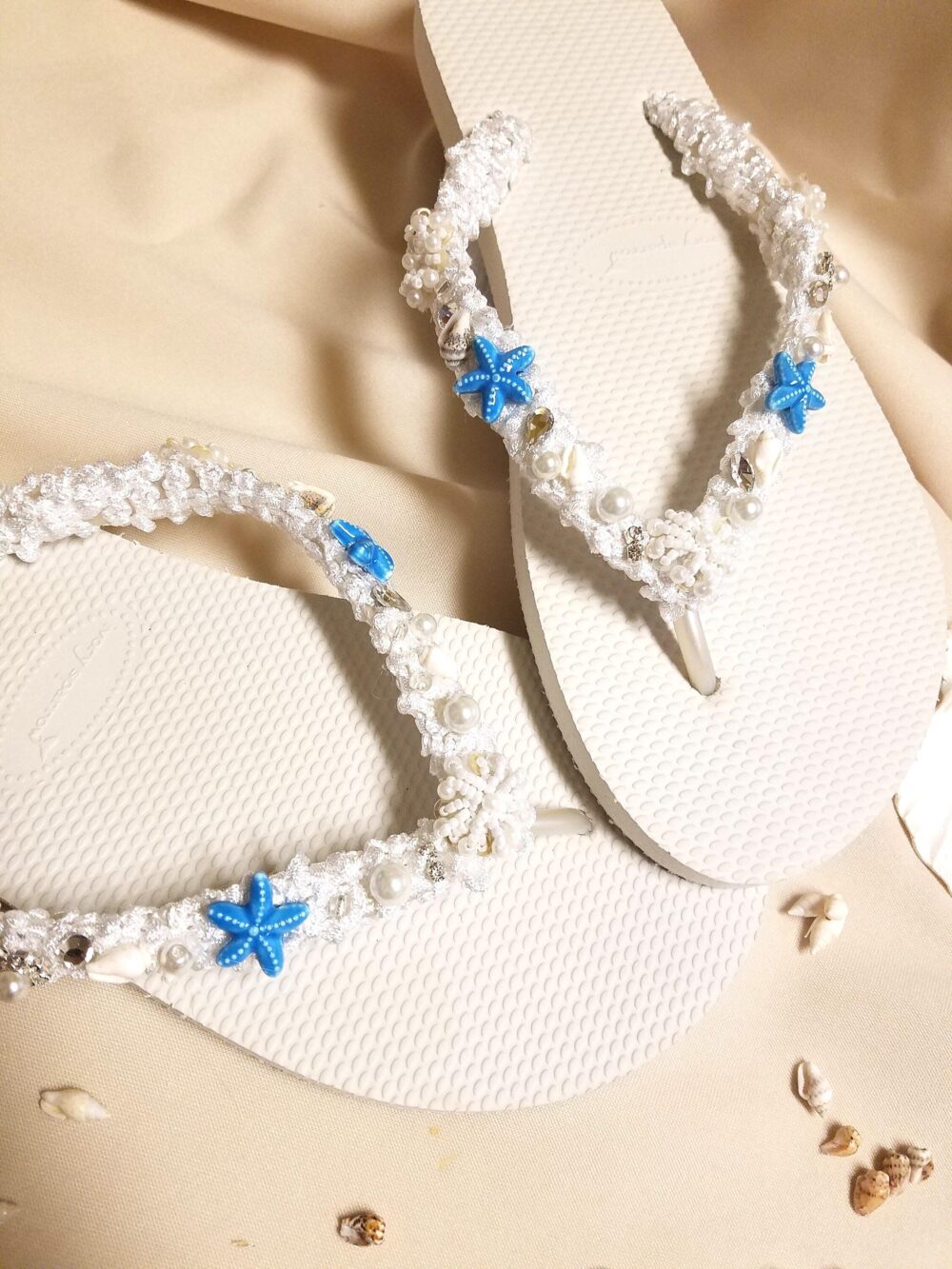Beach Wedding Blue Star Fish Sandals 1/2'' Heel, Destinations Sandals, White Bridal Flip Flops, Daytime Wedding