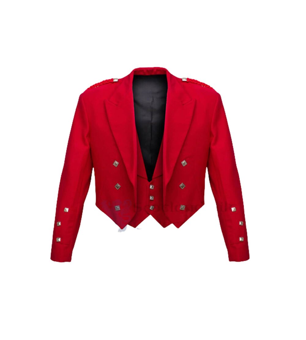 Scottish Red Prince Charlie Tuxedo Kilt Jacket With Vest - 100% Wool Traditional Highland Wedding Jackets | Coat