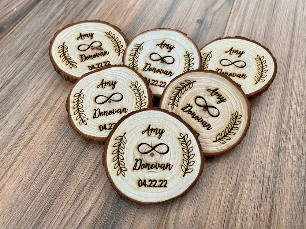 Custom Wood Slice Wedding Favor Or Save The Date - Laser Engraved With Names, Date, & Magnet