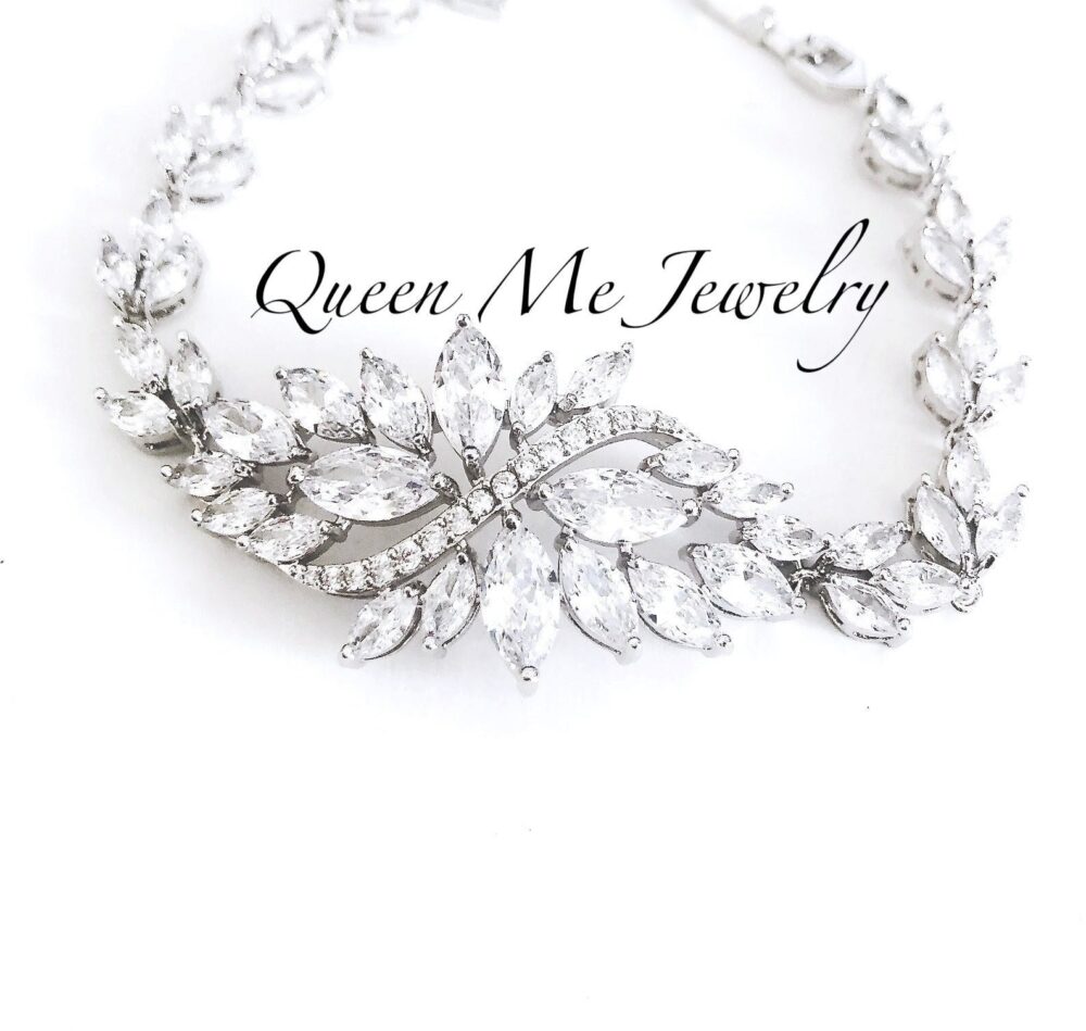 Wedding Bracelet For A Bride Mother Of The Cz Leaf Cuff Marquise Statement Bridal Jewelry Gift Her, Lilly