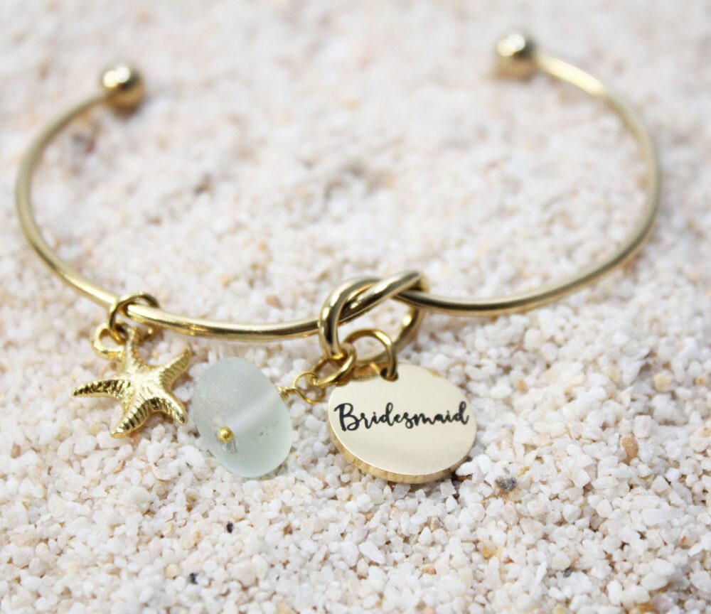 Gold Starfish Bracelet, Beach Wedding Bridesmaid Gift, Engraved Charm