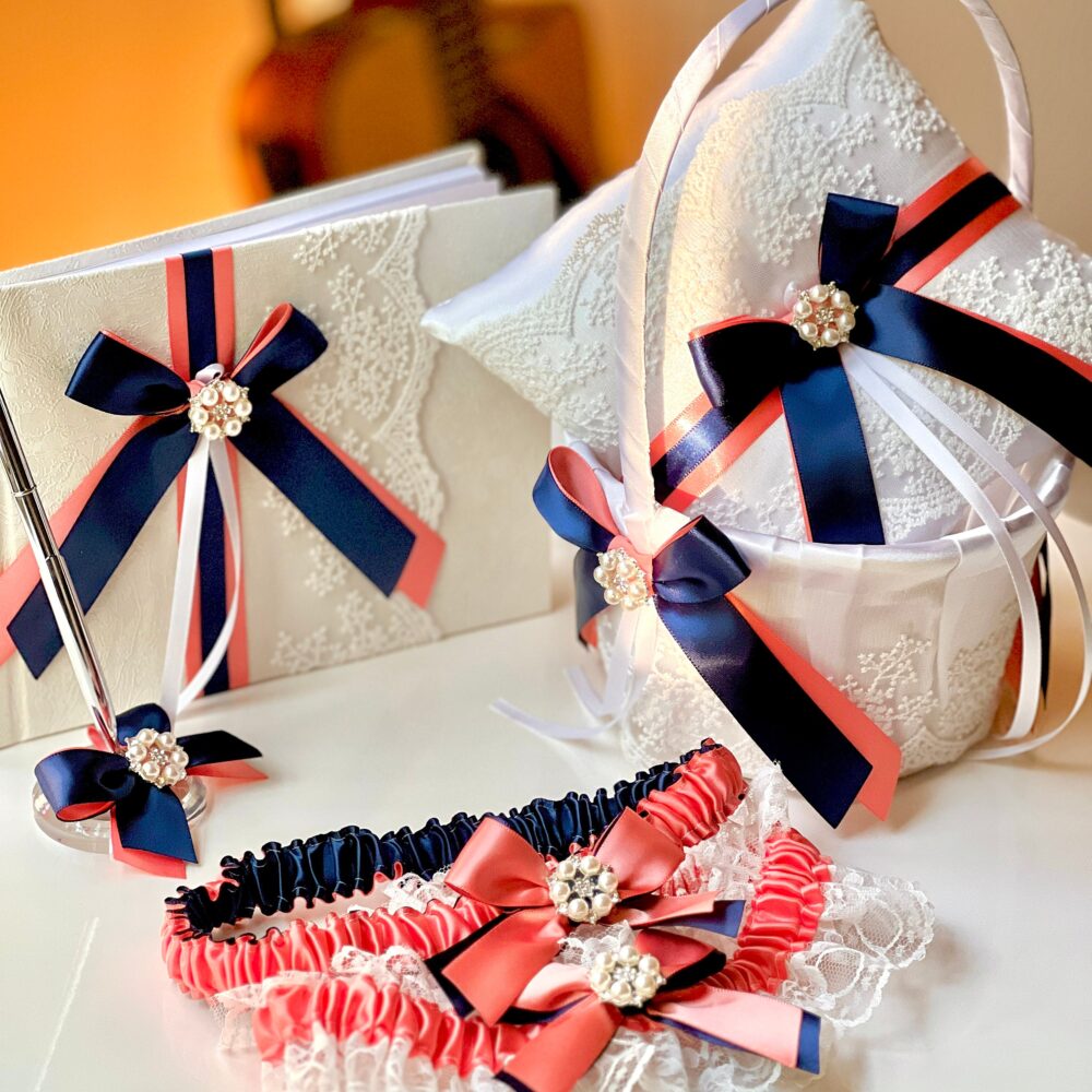 Wedding Flower Girl Basket Ring Bearer Pillow Guest Book & Pen Bridal Garter Set in Coral Navy Blue Color