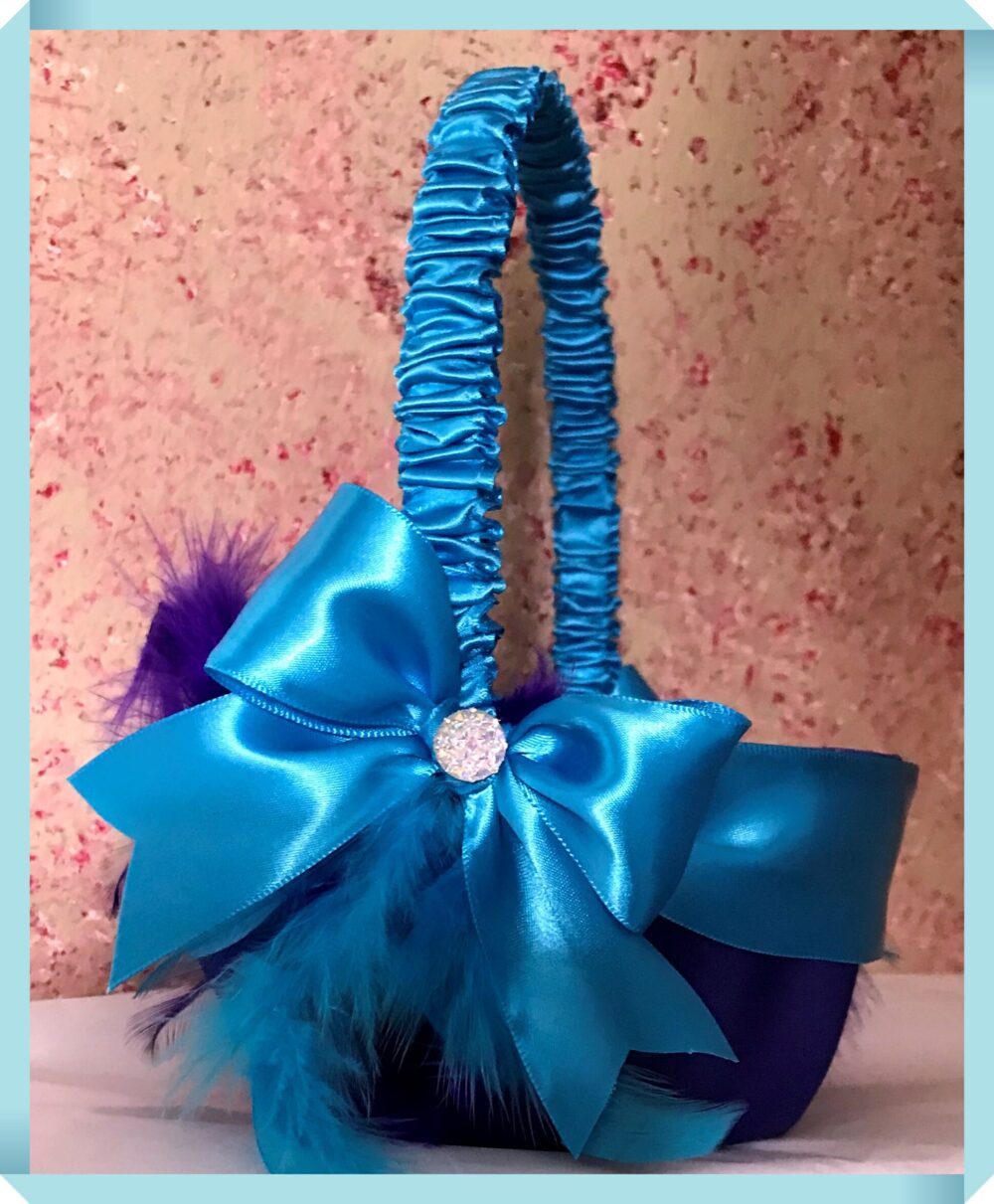 Wedding Flower Girl Basket, Turquoise Satin, Purple Feathers