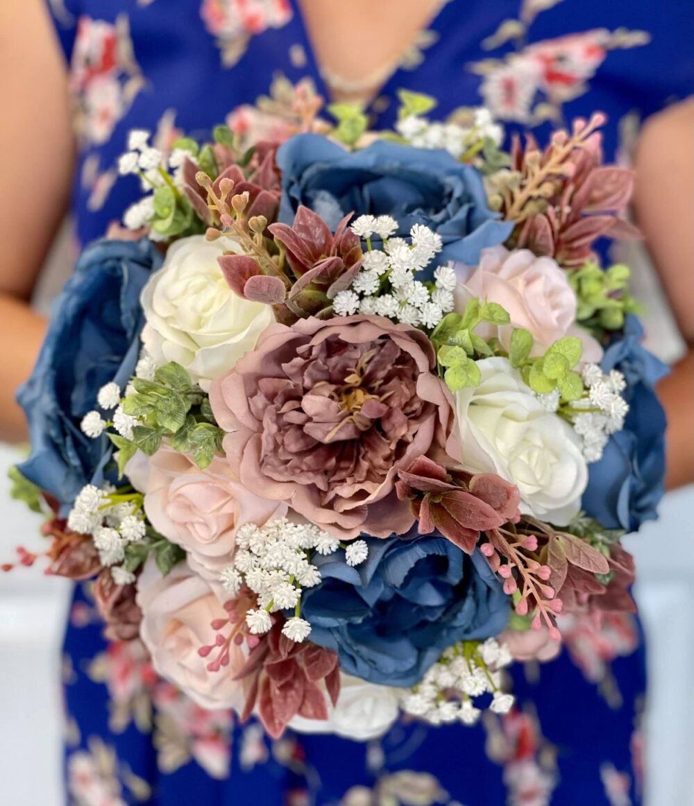 steel Blue Wedding Bouquet Dusty Rose Peonies, Eucalyptus Bridal Bouquet