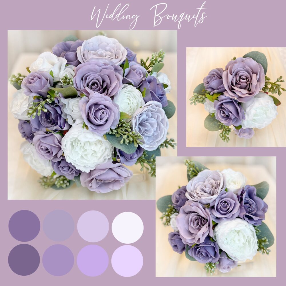 Lilac Wedding Bouquet Set Plum Mini Roses & Eucalyptus, Silk Bridal Flowers