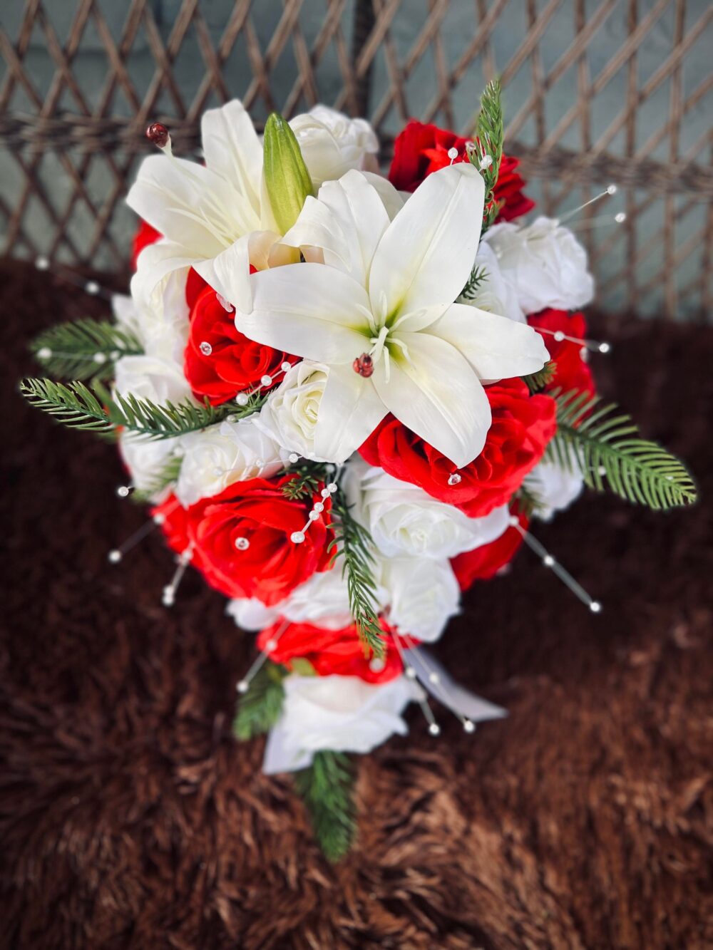 Cascading Red White Roses Lilies Wedding Bouquet Teardrop Bridal Bouquet