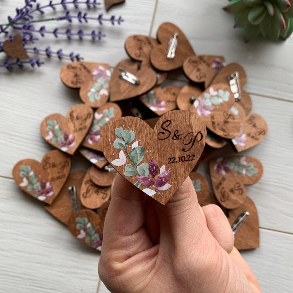 Wedding Boutonnieres For Guests - Engraved Wood Tags, Heart Shaped Pins in Bulk