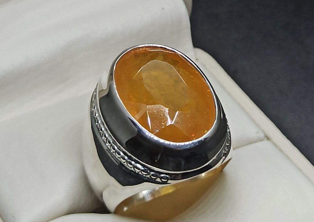 22 Carat Oval Yellow Sapphire Ring Handmade Sterling Silver Mens Jewelry