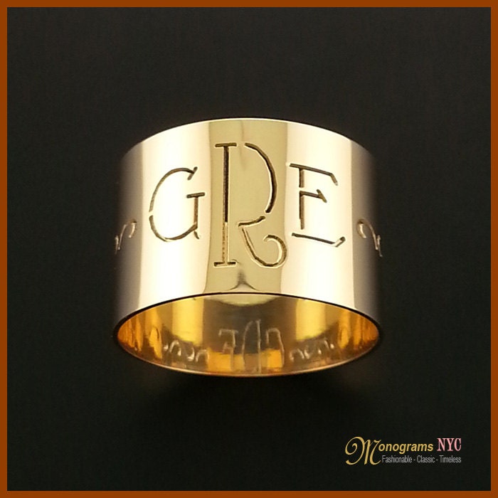 Gold Monogram Ring-Ring With Initials-Block Ring-Script Initial Monogram-Ring Letter-Monogrammed-Three Ring