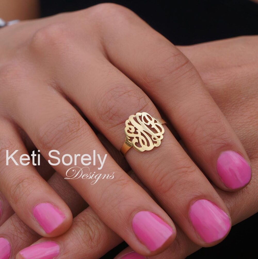 10K, 14K Or 18K Solid Gold Silver Mini Monogram Ring, Order Any Initials in Yellow, Rose White For Special Occasion