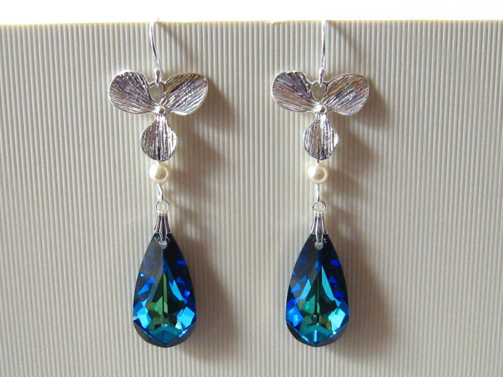 Orchid Wedding Earrings Blue Jewelry Crystal Sterling Silver Flower Earring Bridal