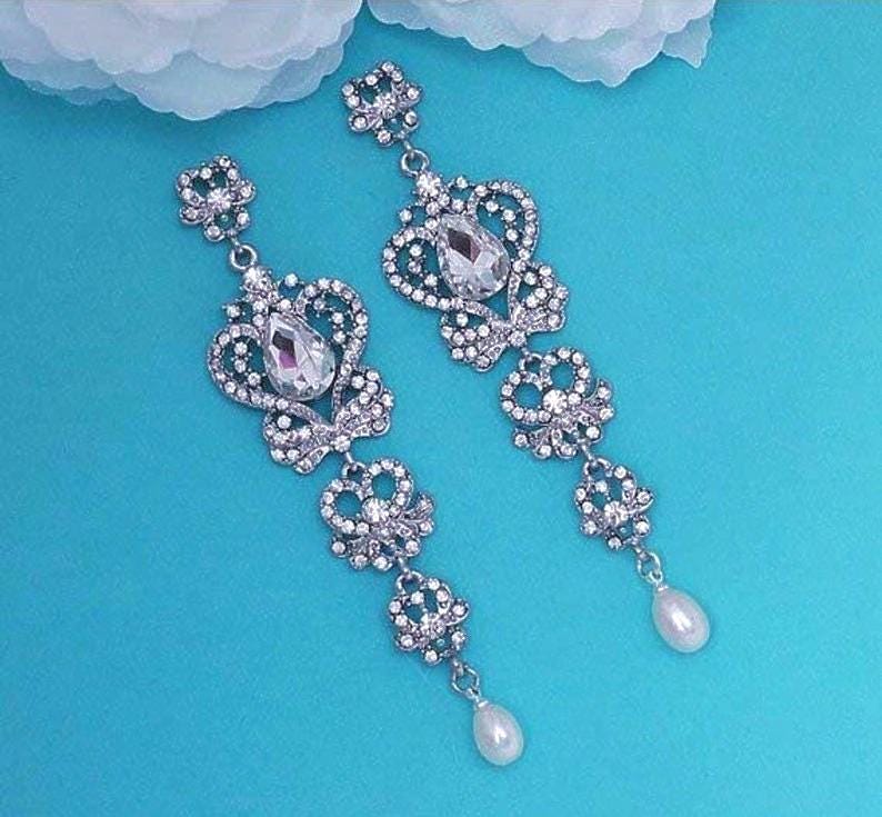 Party Long Earrings Bridal Wedding Crystal Dangle Teardrop Chandelier Pageant Bride Brides Gift Weddings Accessory Jewelry Drop