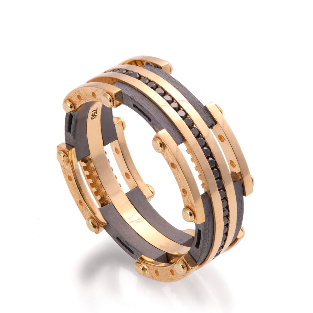 Gold Wedding Band, Men's 18K & Black Diamond Band, Steampunk, Ring, Black Gold 3D