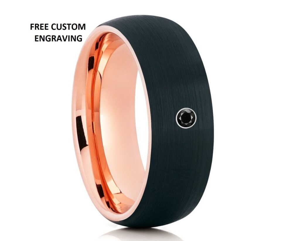 Black Diamond Wedding Ring, Rose Gold Tungsten Band, Anniversary Ring, Unique Ring, Men & Women, Tungsten Carbide Ring