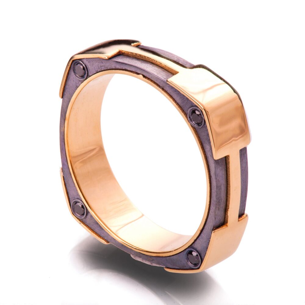 Square Wedding Band, Men's 18K Rose Gold & Black Diamond Band, Steampunk, Ring, Black Gold Band