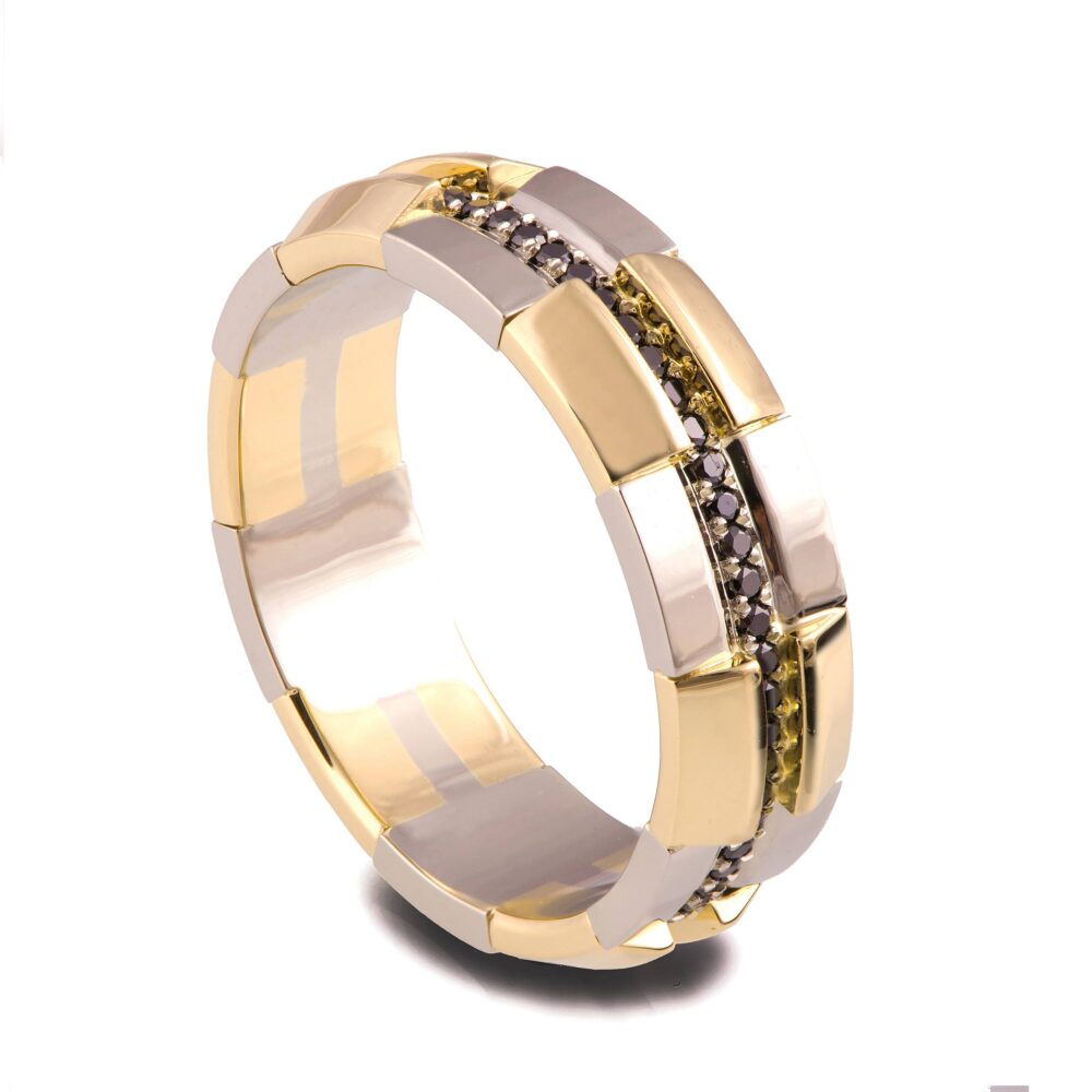 Gold Wedding Band, Men's 18K & Black Diamond Band, Steampunk Ring, Black Gold Band
