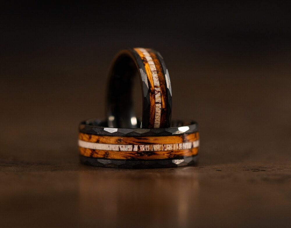 Wood Wedding Band With Antler, Ring, Antler Mens Ring For Men, Black Band, Handmade