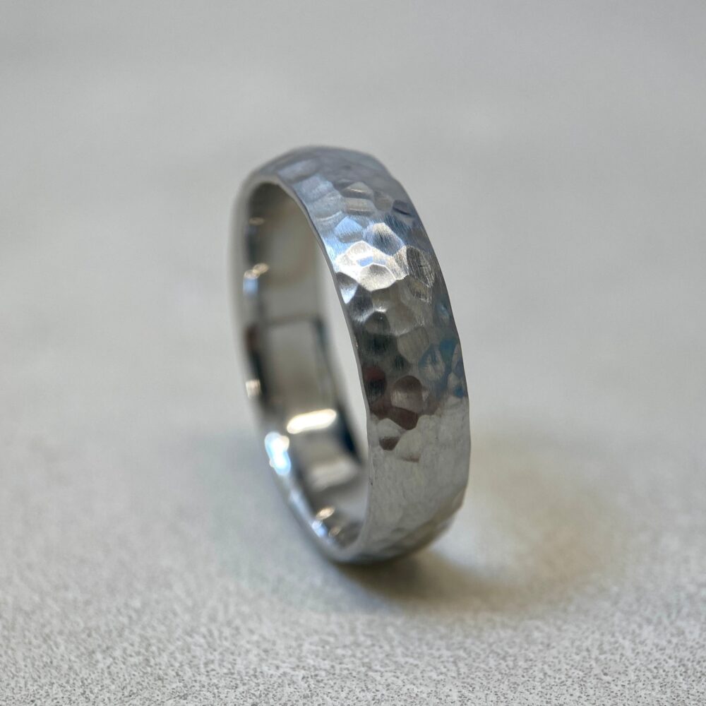 Matte Hammered Stainless Steel Ring 6mm Brushed Domed Band, Court Shaped, Engraved