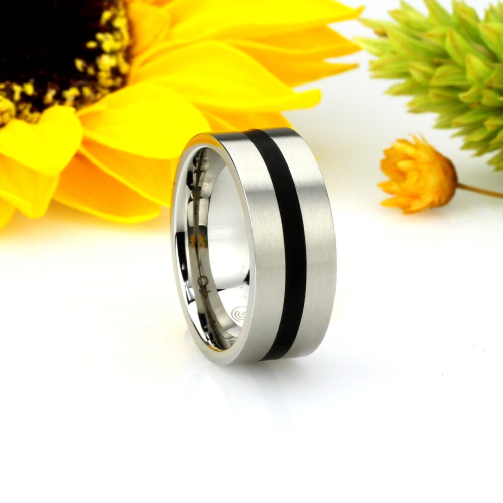 Custom Engraved Stainless Steel Ring Black Striped Comfort Fit Band