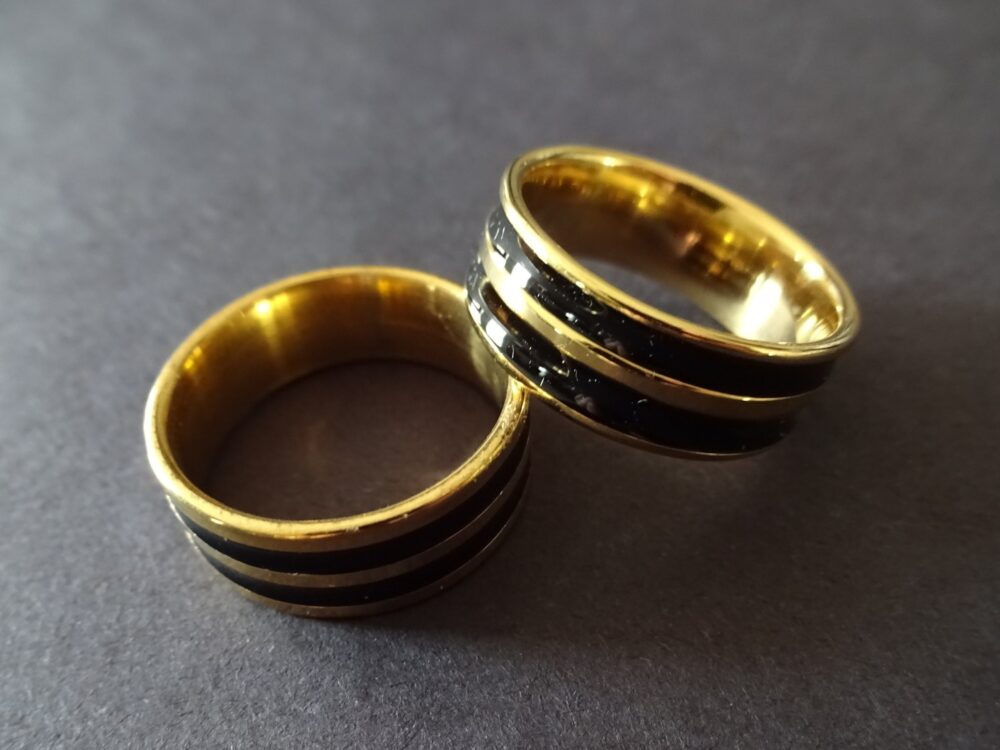 Stainless Steel Ring With Enamel Bands, Gold & Black, Double Band Ring, Simplistic